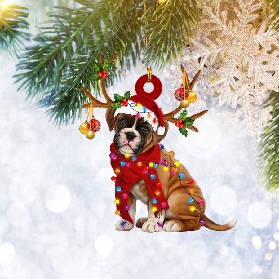 Boxer Dog Reindeer Flat 2D Christmas Ornament, Dog Pet Lover Gifts, Christmas Tree Ornament, Home Decor Plastic Ornament