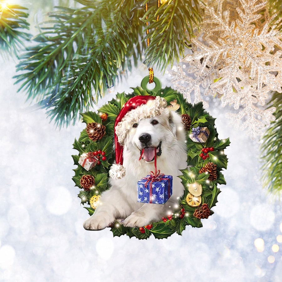 Great Pyrenees Christmas Wreath Ornament Flat 2D, Dog Lover Gifts, Christmas Tree Ornament, Home Decor Plastic Ornament