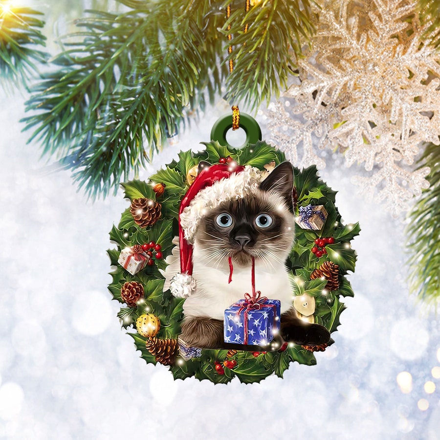 Siamese Cat Christmas Wreath Ornament Flat 2D, Pet Cat Lover Gifts, Christmas Tree Ornament, Home Decor Plastic Ornament