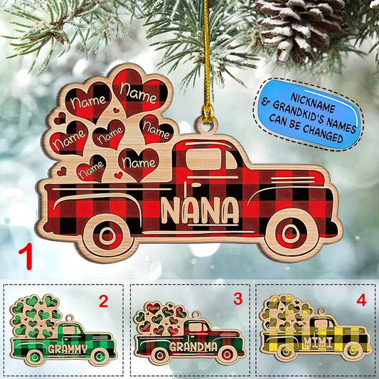 Personalized Nana Red Truck Buffalo Plaid Ornament, Nana With Grandkids Name Heart Christmas Ornament Grandma Christmas Gift