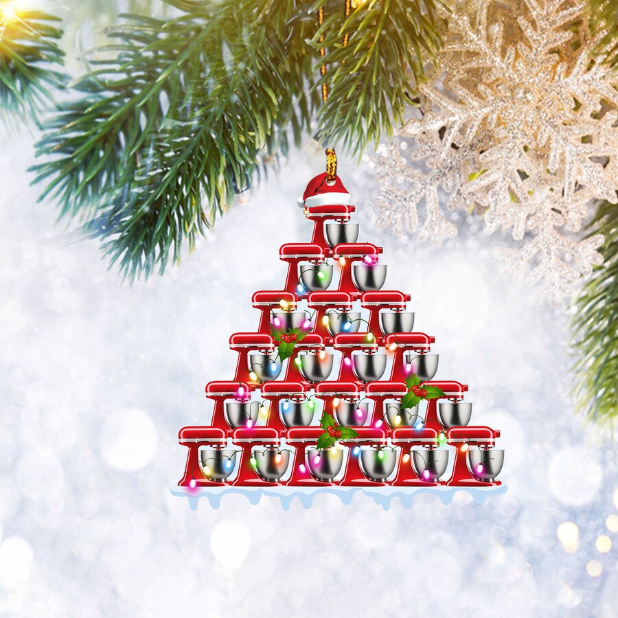Red Stand Baking Mixer Christmas Pine Tree Ornament, Baker Gifts, Christmas Tree Ornament, Home Decor Plastic Ornament