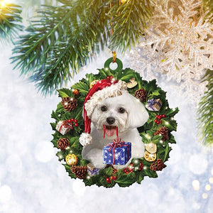 Maltese Christmas Wreath Flat 2D Ornament, Dog Pet Lover Gifts, Christmas Tree Ornament, Home Decor Plastic Ornament