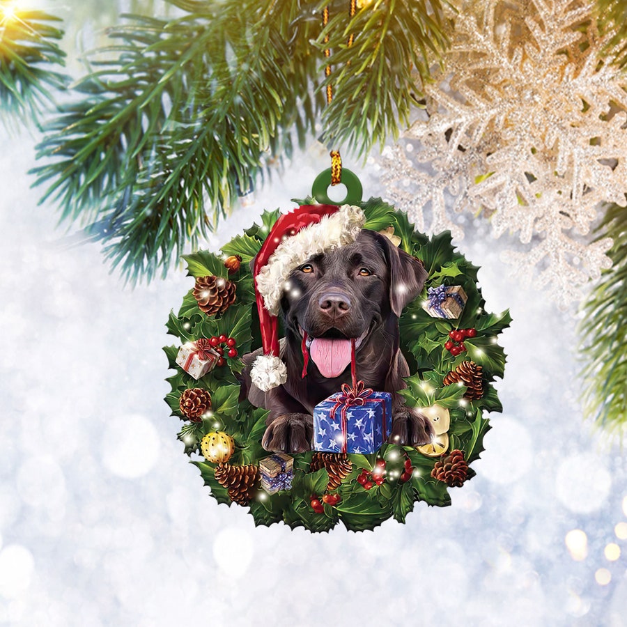 Chocolate Labrador Retriever Christmas Wreath Ornament, Dog Lover Christmas Tree Ornament, Home Decor Plastic Ornament