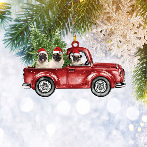 Pug Red Truck Flat 2D Christmas Ornament, Pet Dog Lover Gifts, Christmas Tree Ornament, Home Decor Plastic Ornament