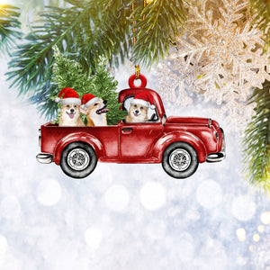 Corgi Red Truck Flat 2D Christmas Ornament, Pet Dog Lover Gifts, Christmas Tree Ornament, Home Decor Plastic Ornament
