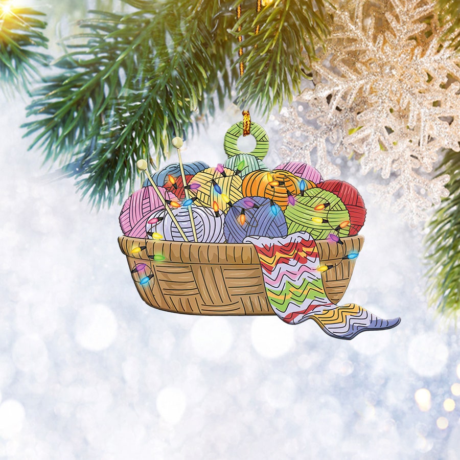 Knitting Yarns Accessories With String Lights Flat 2D Ornament, Christmas Tree Ornament, Home Decor Plastic Ornament