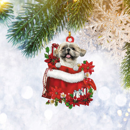 Shih Tzu Santa Christmas Gift Bag Flat 2D Ornament, Dog Lover Gifts, Christmas Tree Ornament, Home Decor