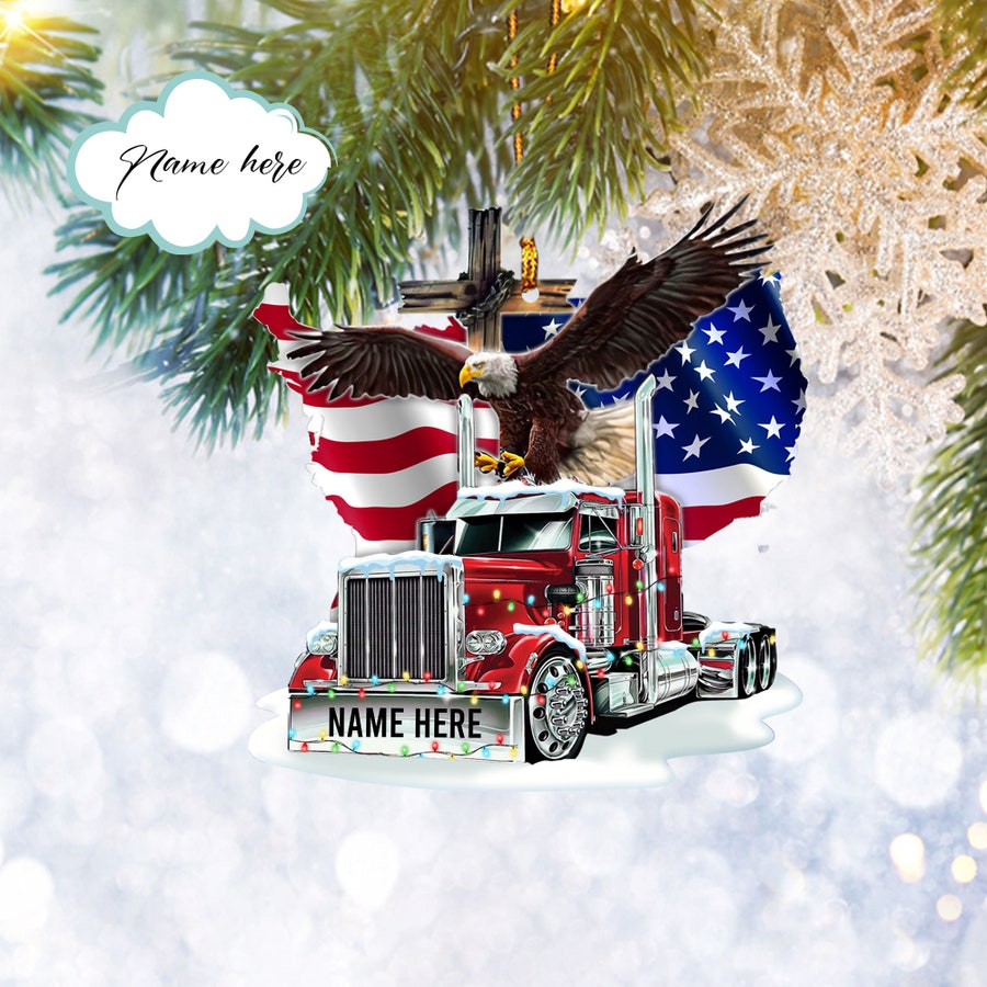 Custom Truck American Flag Eagle Flat 2D Ornament, Trucker Gifts, Christmas Tree Ornament, Home Decor Plastic Ornament