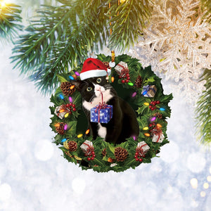 Tuxedo Cat Wearing Christmas Wreath Flat 2D Ornament, Cat Lover Gift Christmas Tree Ornament, Home Decor