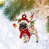 Pug Christmas Light Hat Reindeer Flat 2D Ornament, Dog Lover Gifts, Christmas Tree Ornament, Home Decor Plastic Ornament