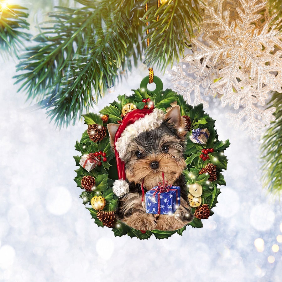 Yorkshire Terrier Yorkie Dog Christmas Wreath Flat 2D Ornament, Christmas Tree Ornament Gift, Home Decor