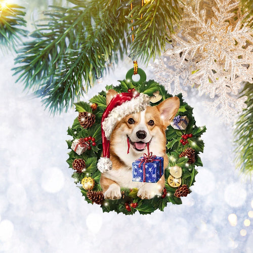 Corgi Wearing Christmas Wreath Flat Ornament, Dog Pet Lover Gifts, Christmas Tree Ornament, Home Decor Plastic Ornament