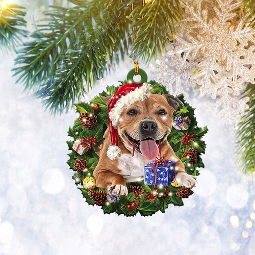 Staffordshire Bull Terrier Christmas Wreath Ornament, Dog Pet Lover Christmas Tree Ornament, Home Decor Plastic Ornament