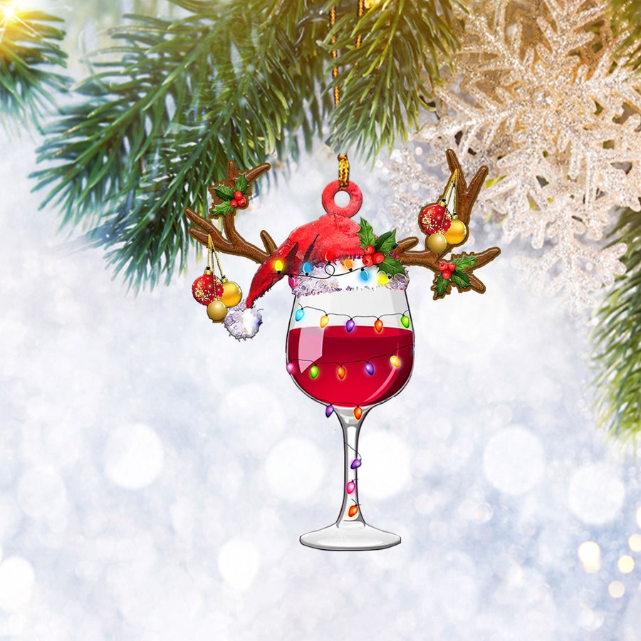 Wine Glass With Santa Hat Reindeer Flat 2D Ornament, Wine Lover Gift Christmas Tree Ornament, Home Decor