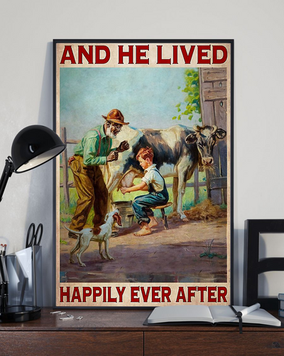 Cows Poster And He Lived Happily Ever After Farmer Vintage Poster Canvas, Wall Decor Visual Art