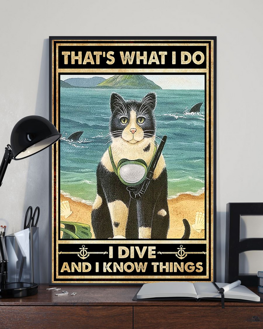 Diving Cat Loves Poster That's What I Do I Dive And I Know Things Vintage Poster Canvas, Wall Decor Visual Art