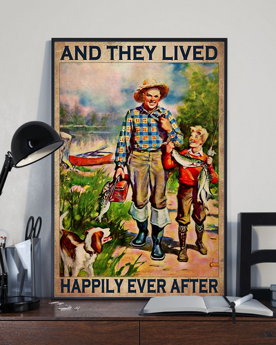 Fishing Dog Loves Poster And They Lived Happily Ever After Father And Son Vintage Poster Canvas, Wall Decor Visual Art