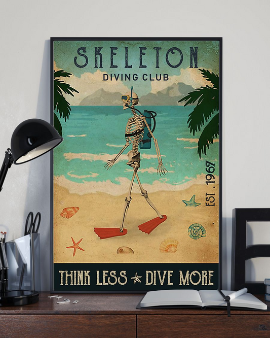 Skeleton Loves Poster Diving Club Think Less Dive More Vintage Poster Canvas, Wall Decor Visual Art