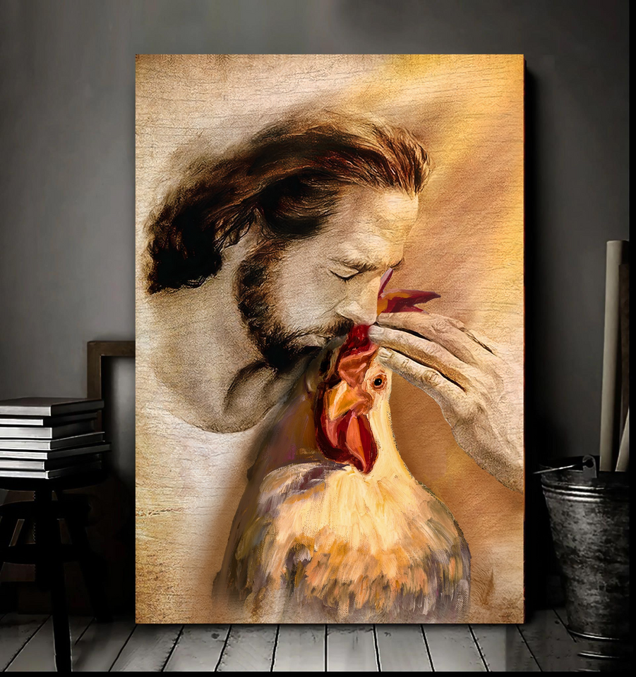 God, Jesus With Lovely Rooster Canvas | Painting Print Canvas Wall Art, Wall Decor Visual Art