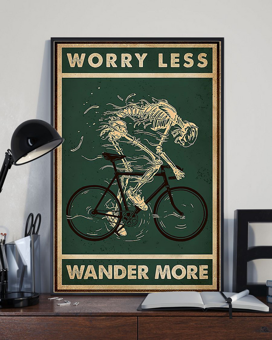 Cycling Skeleton Loves Poster Worry Less Wander More Vintage Poster Canvas, Wall Decor Visual Art