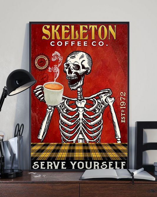 Coffee Skeleton Loves Poster Serve Yourself Vintage Poster Canvas, Wall Decor Visual Art