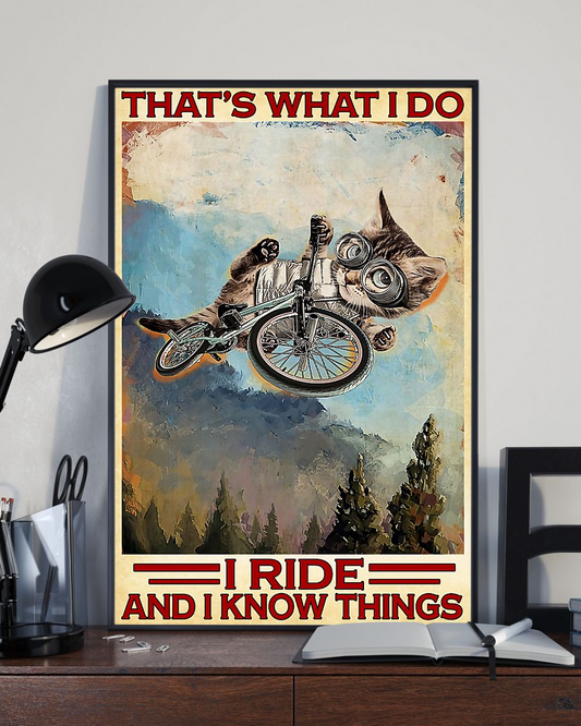 Cat Cycling Poster That's What I Do I Ride And I Know Things Vintage Poster Canvas, Wall Decor Visual Art