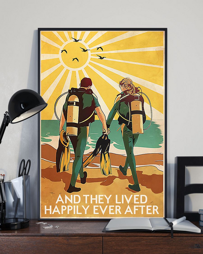 Scuba Diving Couple Poster And They Lived Happily Ever After Vintage Poster Canvas, Wall Decor Visual Art