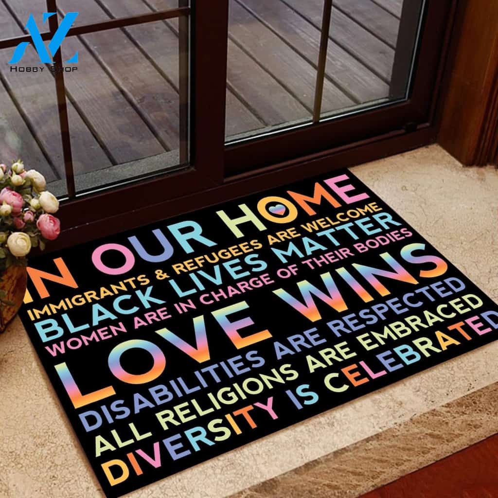In Our Home Love Wins Equality Indoor And Outdoor Doormat Warm House Gift Welcome Mat Birthday Gift For Friend Family