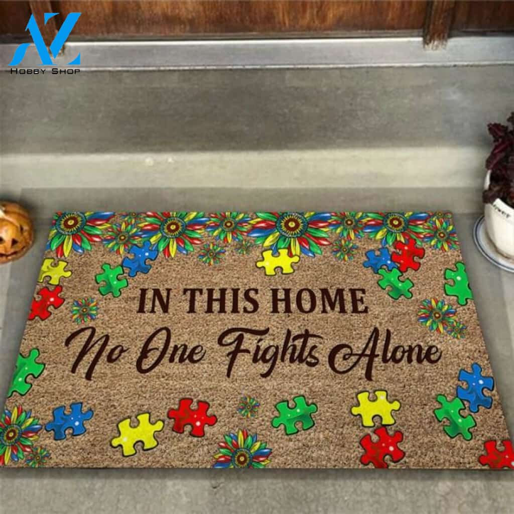 In This Home No One Fights Alone Autism Awareness Coir Pattern Print Doormat | Welcome Mat | House Warming Gift