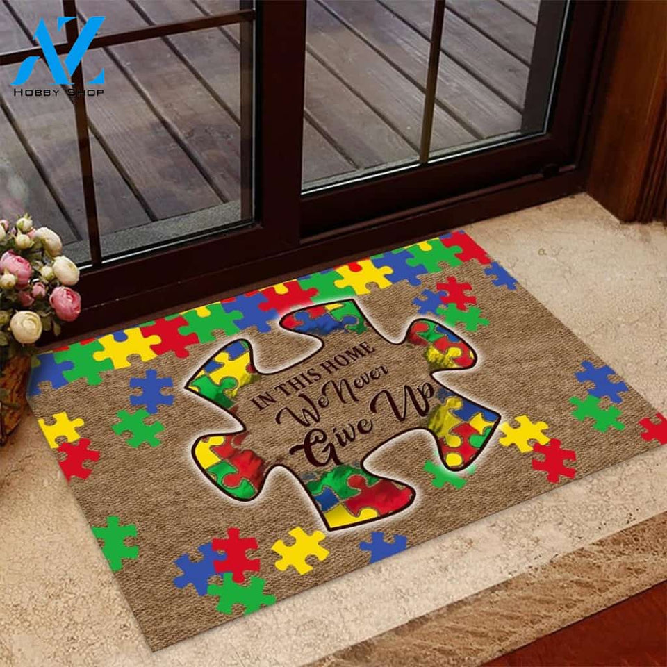 In this home we never give up | Welcome Mat | House Warming Gift