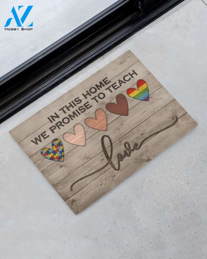 In This Home We Promise To Teach Love Indoor And Outdoor Doormat Warm House Gift Welcome Mat Funny Birthday Gift For Friend Family