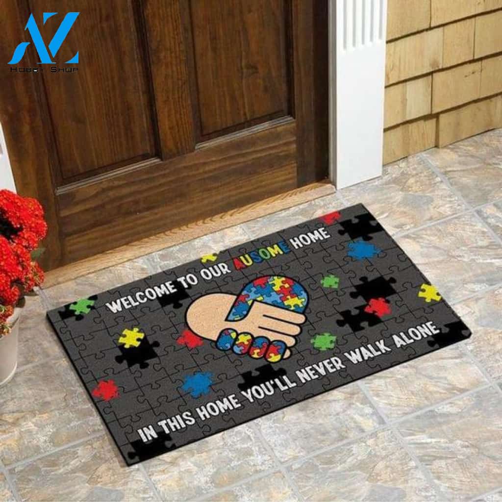 Autism Awareness - In This Home You'll Never Walk Alone Doormat Floor Rug Housewarming Gift Home Living Home Decor Indoor and Outdoor Doormat Warm House Gift Welcome Mat Gift for Friend Family