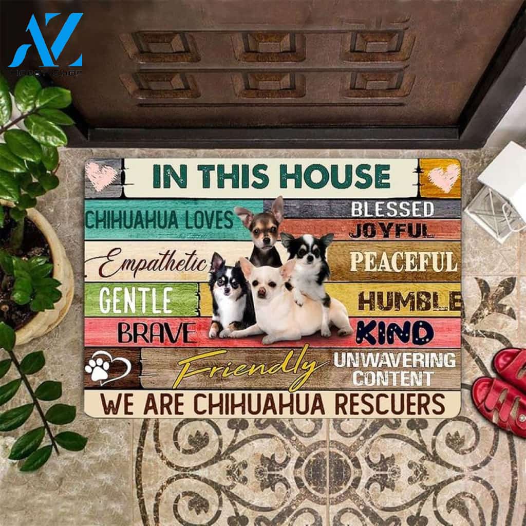 In This House Doormat We Are Chihuahua Rescuers Cute Modern Front Door Mat For Chihuahua Lover Owner, Welcome Mat Housewarming Gift Home Decor Funny Doormat Gift For Family Friend