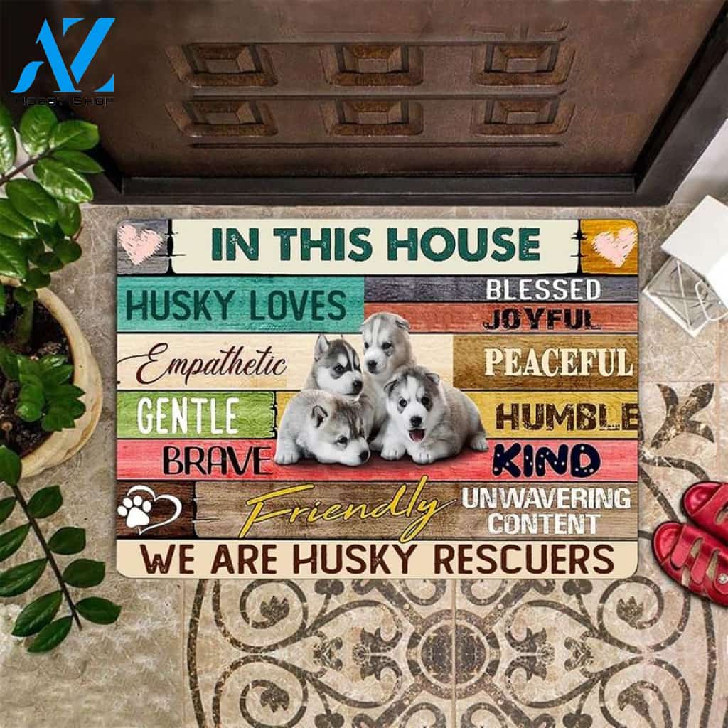 In This House Doormat We Are Husky Rescuers Cute Modern Front Door Mat For Husky Lover Owner, Welcome Mat Housewarming Gift Home Decor Funny Doormat Gift For Family Friend