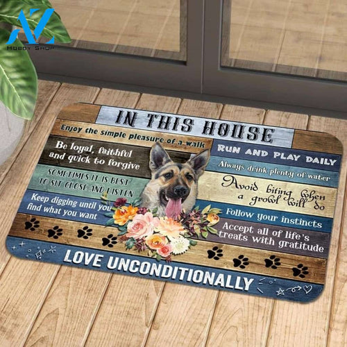 In This House Enjoy The Simple Pleasure Of A Walk German Shepherd Doormat Gift For Dog Lovers Home Decor Warm House Gift Welcome Mat Halloween Decor
