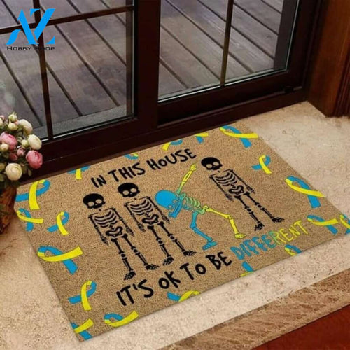 In This House It's Ok To Be Different Down Syndrome Awareness Coir Pattern Print Doormat | Welcome Mat | House Warming Gift