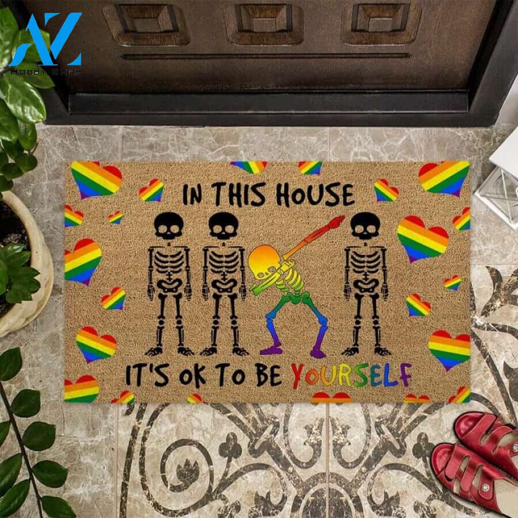 In This House It's Ok To Be Yourself – LGBT Easy Clean Welcome DoorMat | Felt And Rubber | 40x60 cm | 45x75 cm | 60x90 cm | Colorful | DO1124