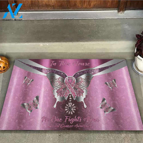 In This House No One Fights Alone - Breast Cancer Awareness Metal Pattern Print Doormat