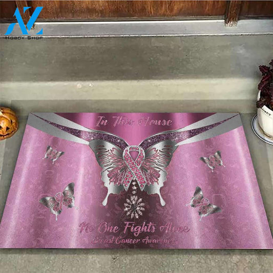 In This House No One Fights Alone - Breast Cancer Awareness Metal Pattern Print Doormat