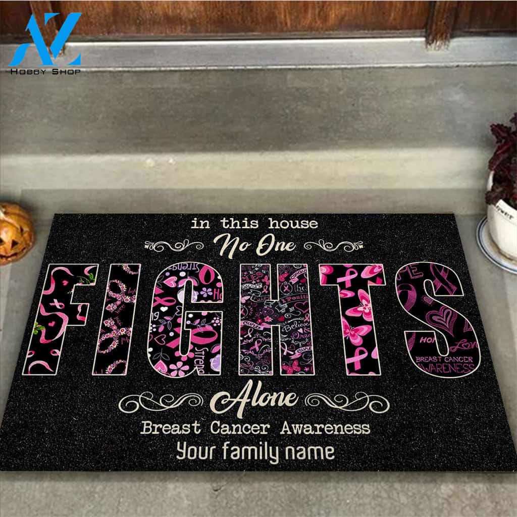 In This House No One Fights Alone - Breast Cancer Awareness Personalized Coir Pattern Print Doormat