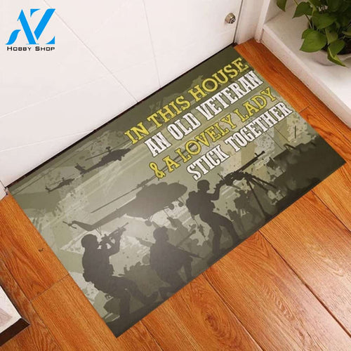In This House Old Veteran Lovely Lady Indoor and Outdoor Mat Entrance Rug Sweet Home Decor Housewarming Gift for Friend Family, Gift For Veteran Day