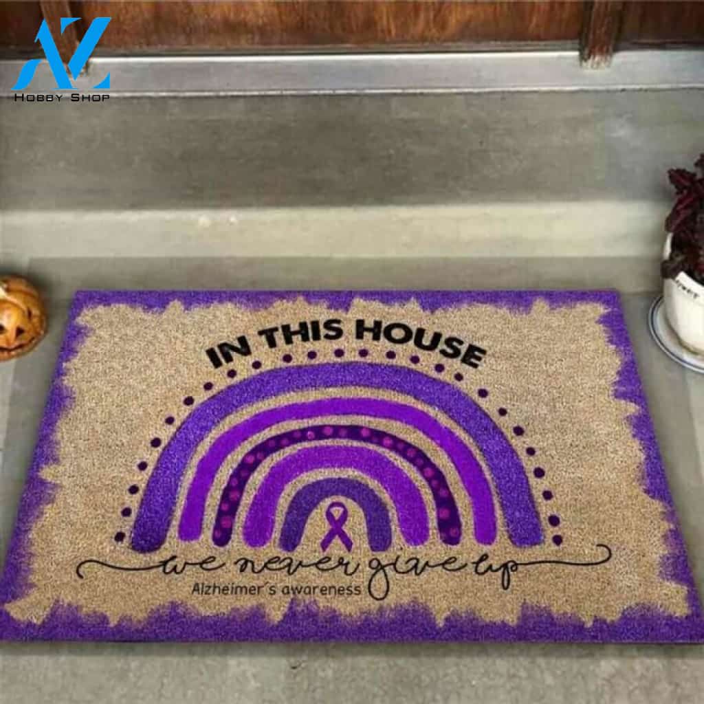 In This House We Never Give Up Alzheimer's Awareness Coir Pattern Print Doormat | Welcome Mat | House Warming Gift