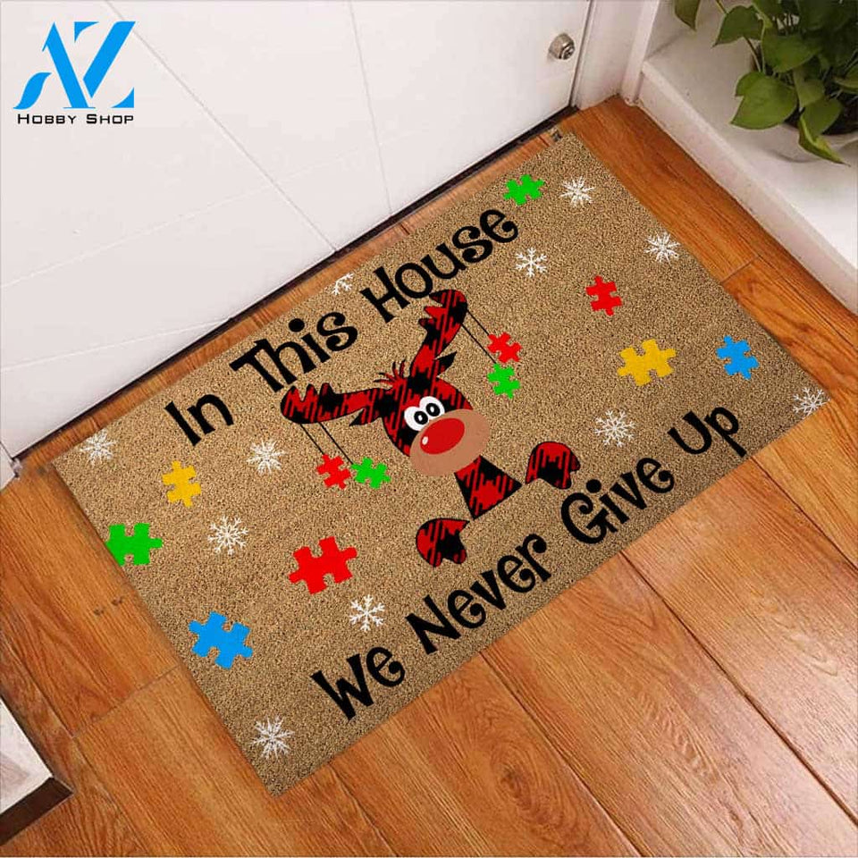 In This House We Never Give Up - Autism Awareness Coir Pattern Print Doormat