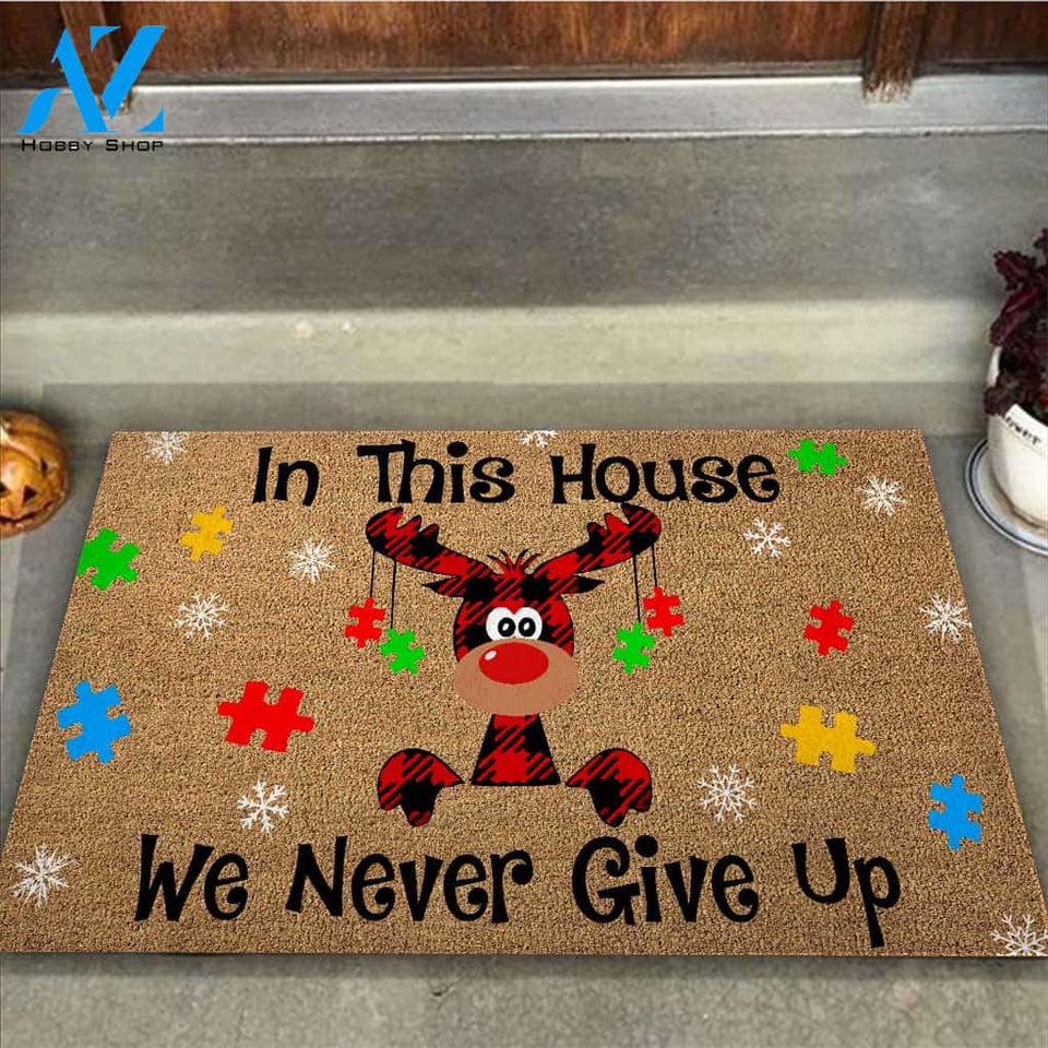 In This House We Never Give Up - Autism Awareness Coir Pattern Print Doormat