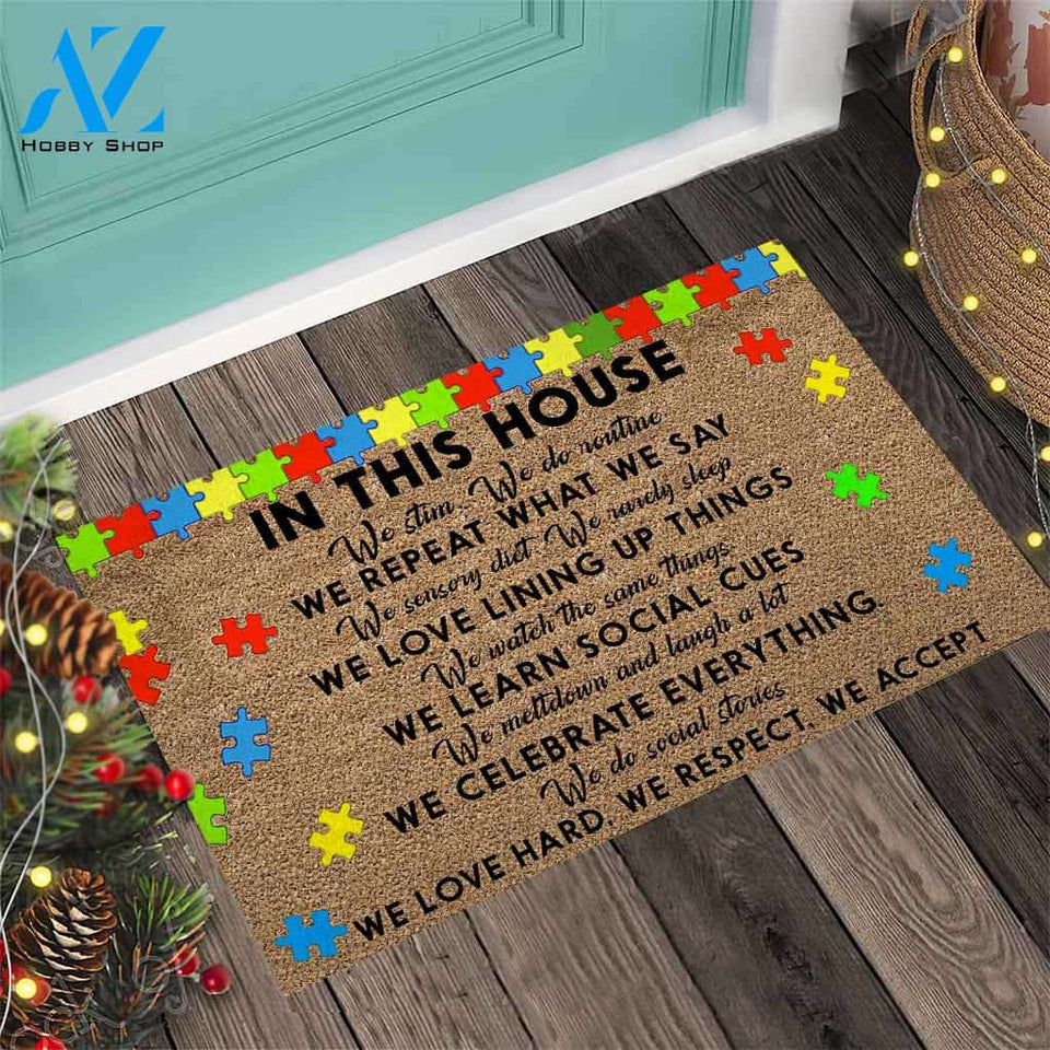 In This House We Never Give Up - Autism Awareness Coir Pattern Print Doormat