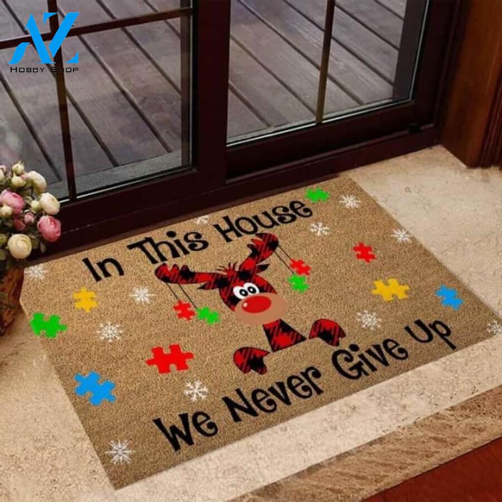 In This House We Never Give Up Autism Awareness Coir Pattern Print Doormat | Welcome Mat | House Warming Gift