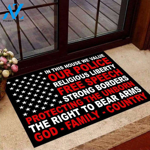 In This House We Value Our Police Religious Liberty Black Doormat