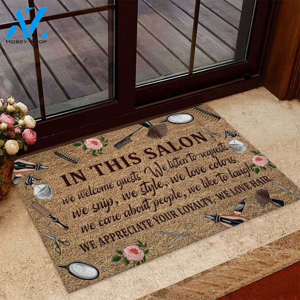In This Salon We Welcome Guests - Hairdresser Coir Pattern Print Doormat