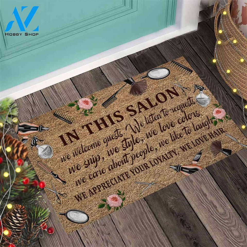 In This Salon We Welcome Guests - Hairdresser Coir Pattern Print Doormat