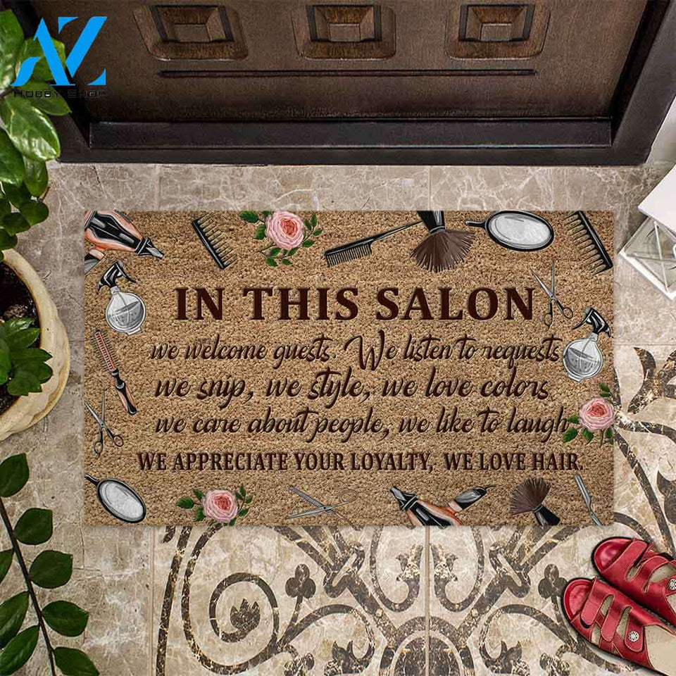 In This Salon We Welcome Guests - Hairdresser Coir Pattern Print Doormat
